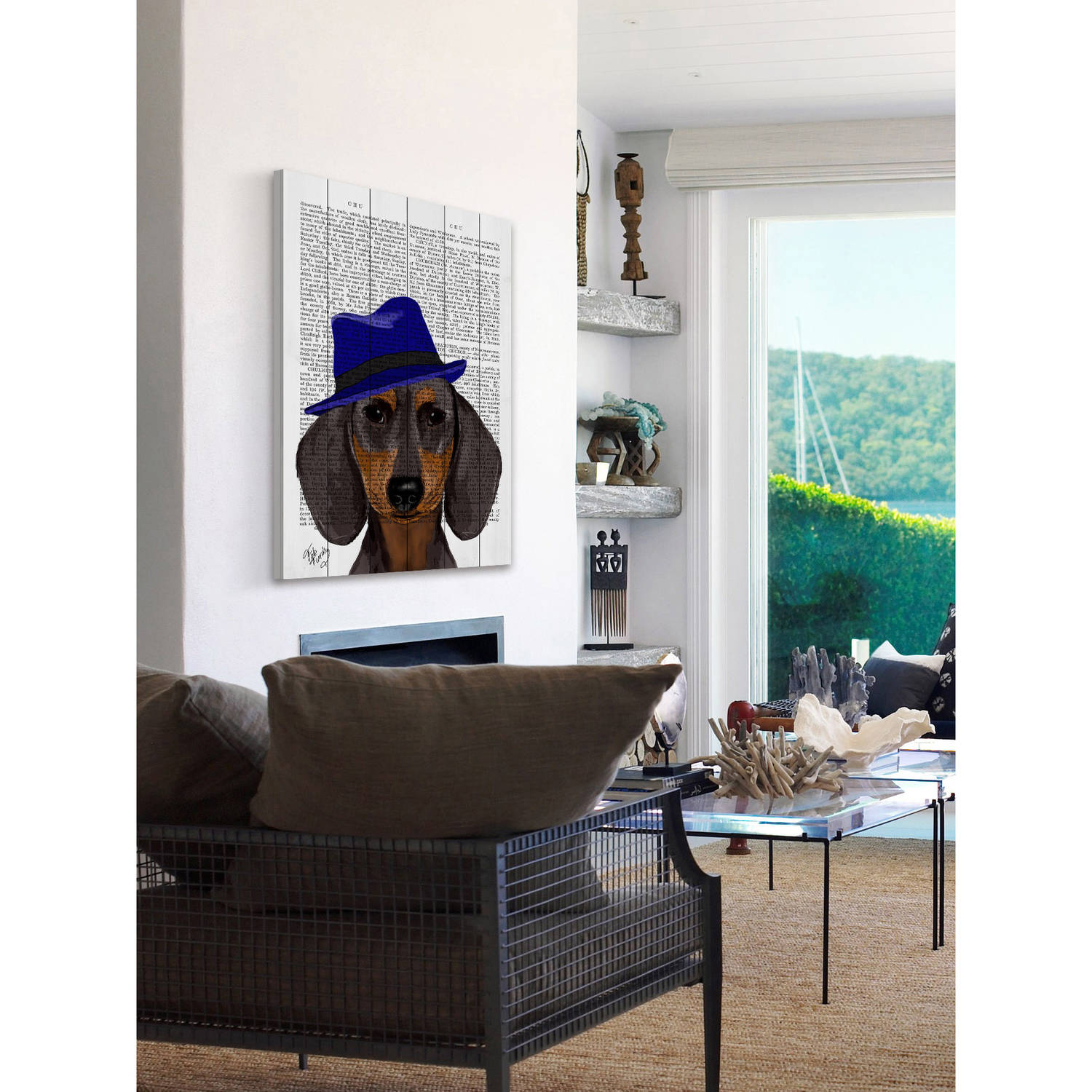 Marmont Hill "Dachshund with Blue Trilby" Painting Print on White Wood