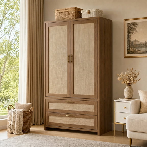 Boho Rattan Wooden Wardrobe Armoire 71 inch Tall with Drawers Hanging Rod 2 Doors, Bedroom Closet Cabinet for Clothes Storage Dark Oak Farmhouse Style Organizer