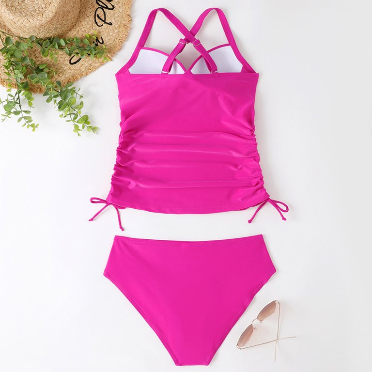 RQYYD Reduced Tankini Swimsuits for Women Tummy Control Bathing Suits  Halter Two Piece Tankini Tops with Bikini Bottoms Twist Swimwear Hot Pink  XL 