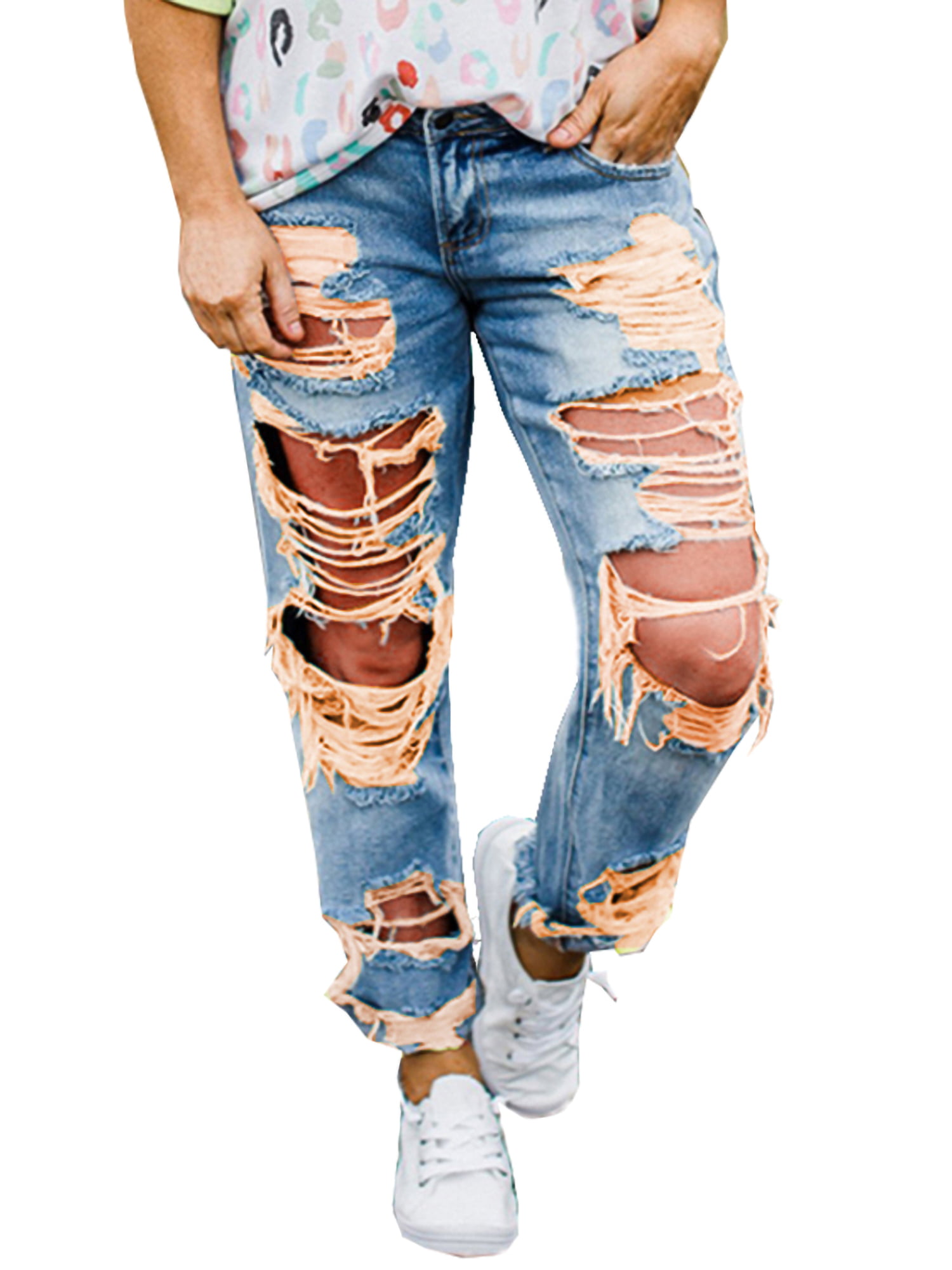 ainr Women High Waist Skinny Ripped Hole Denim Distressed Ripped Washed Jeans Pants