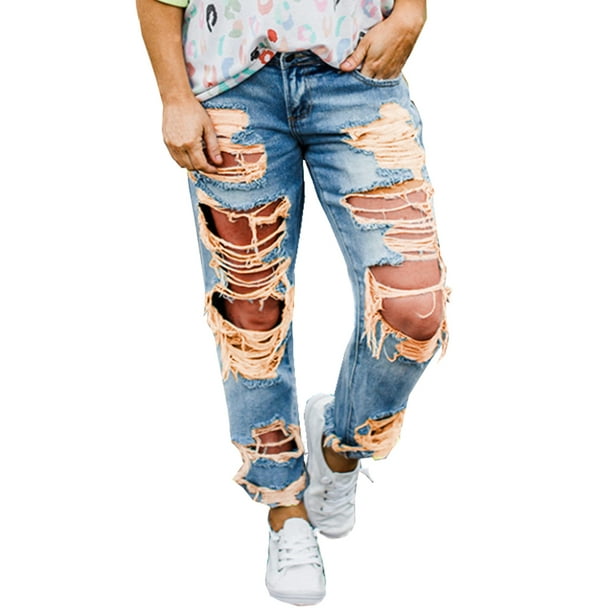 Casual Ripped Jeans for Women Mid Rise Ankle Trousers Long Destroyed