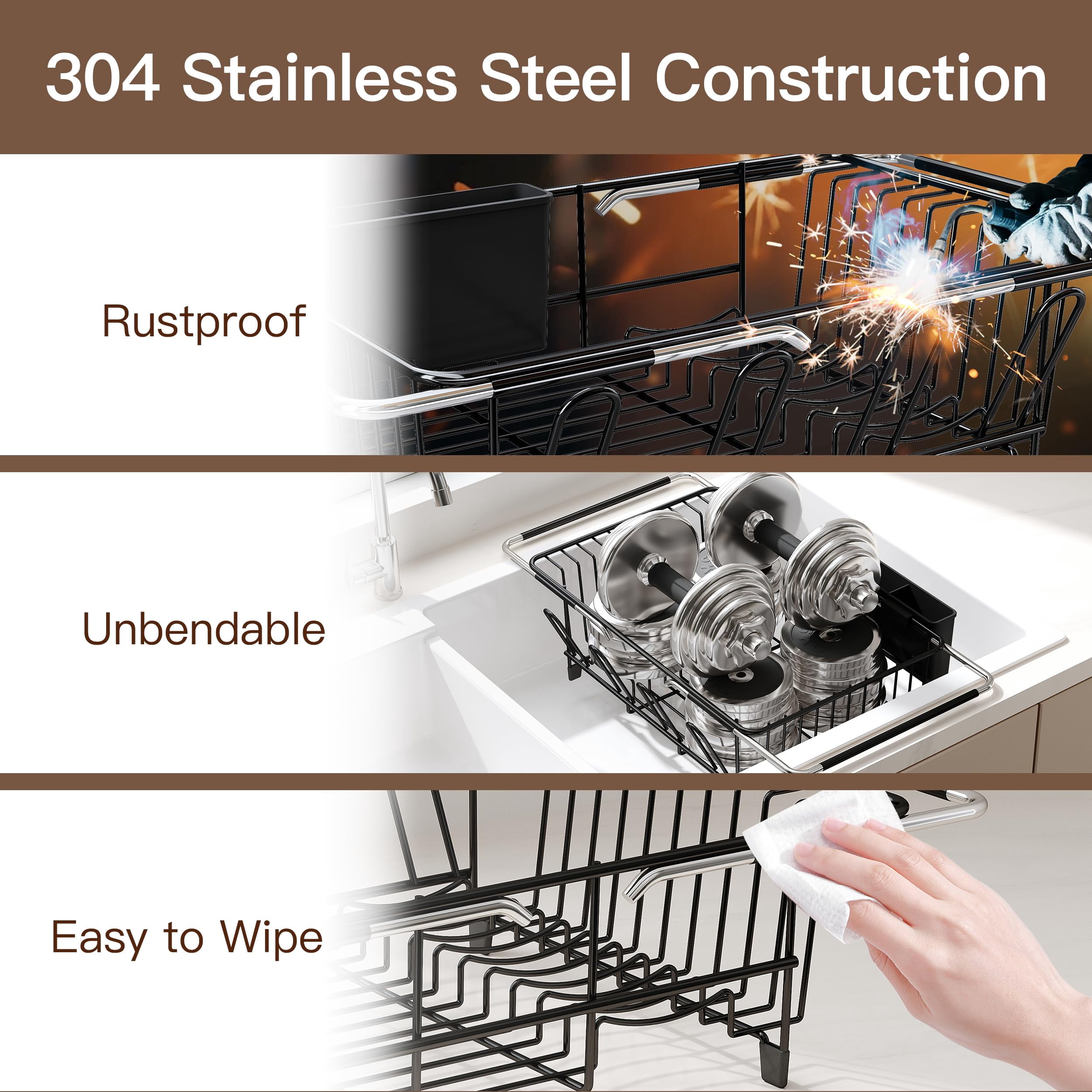 Expandable Dish Drying Rack, Black, Stainless Steel, Over/In Sink, For Small Kitchens
