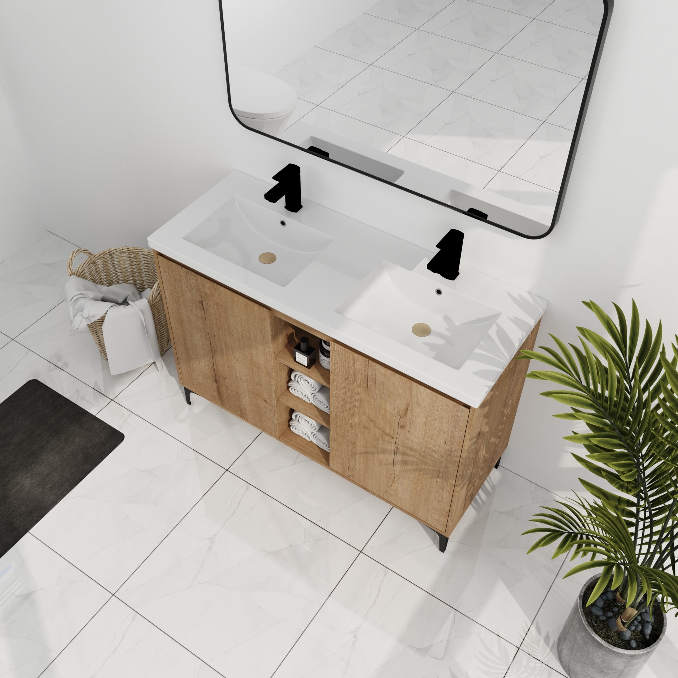 Noble House 48" Freestanding Bathroom Vanity, Double Resin Sinks, Soft-Close Doors, Adjustable Shelves, Imitative Oak