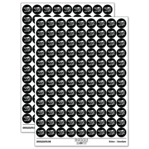 Velociraptor Skull Dinosaur Fossil Bone 200  Round Stickers - Black - Gloss Finish - 0.50" Size