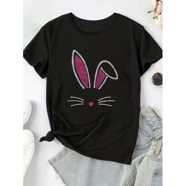 Bunny Print T-Shirt, Casual Crew Neck Short Sleeve T-Shirt, Women's Clothing