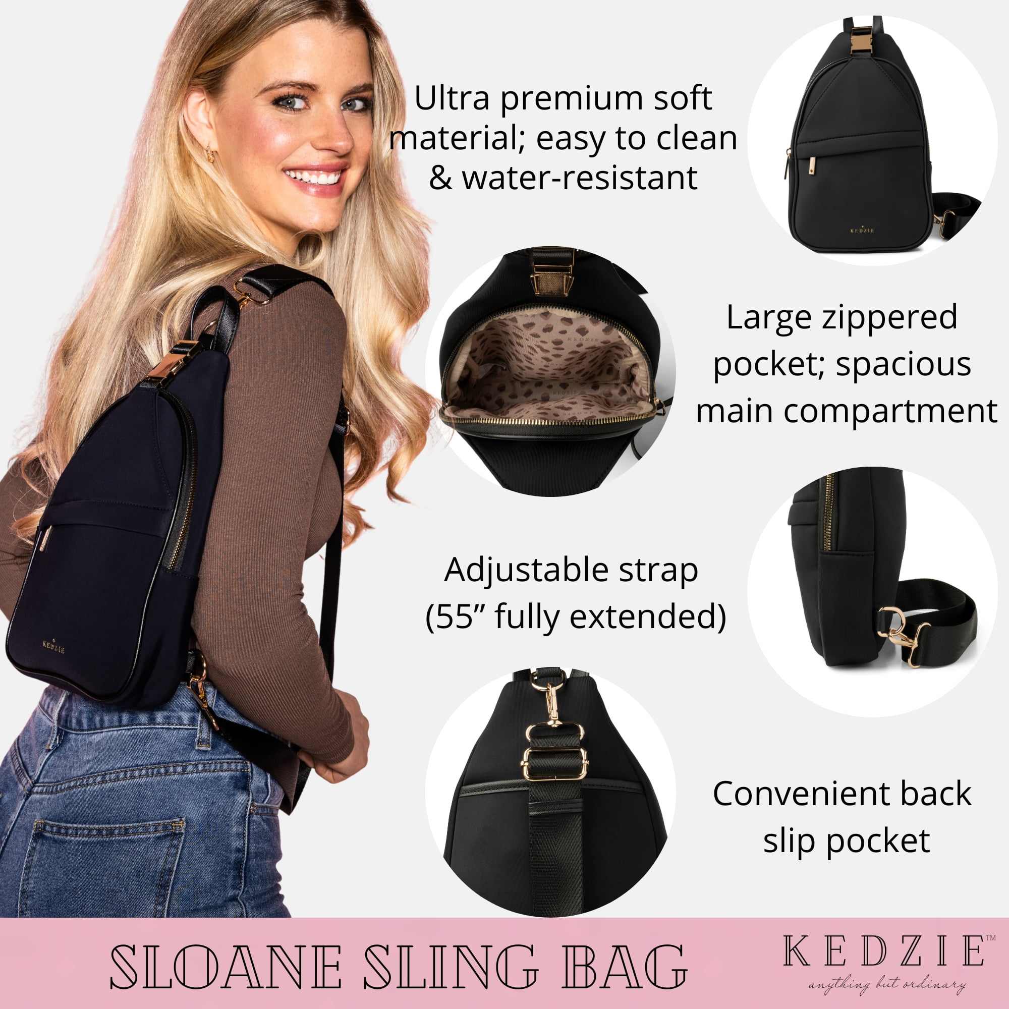 Kedzie Sloane Sling Water Resistant Purse, Black (Women's)
