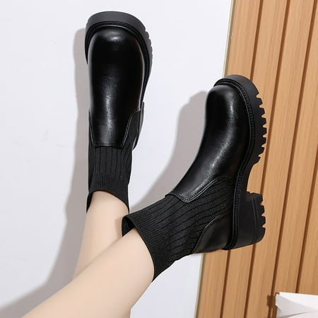 

Akiihool Fall Boots for Women Women Snow Boots Winter Shoes Warm Slip On V Cutout Pointed Toe Stacked Mid Heel Booties (Black 7.5)