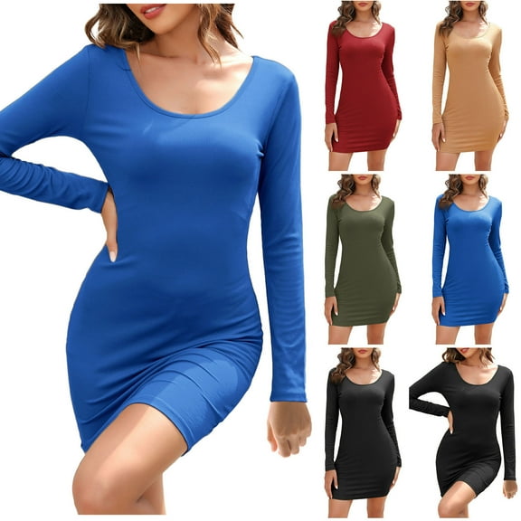 Elainilye Fashion Womens Dresses Solid Color Bodycon Dress Long Sleeve Wrap Hip Dress Prom Dress,Blue