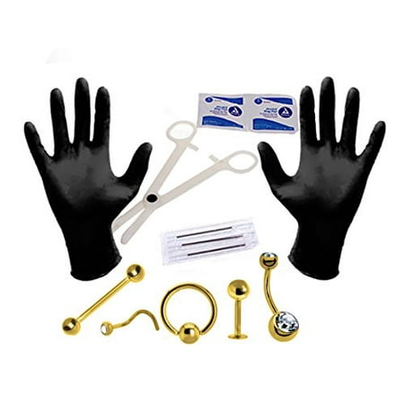 - BodyJ4You® Body Piercing Kit Needles Belly Ring Eyebrow Nipple Lip Nose Goldtone Steel 14G 16G 18G Jewelry Set 12 Pieces