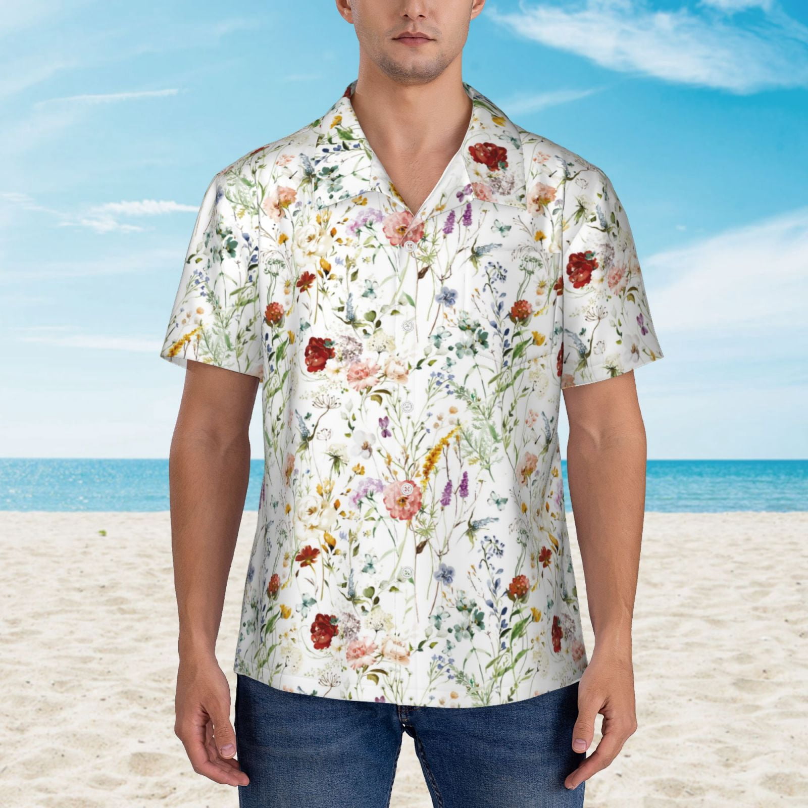 Logiee Wildflower Watercolor Print Mens Hawaiian Shirts,Loose-Fit Short Sleeve Button Down Tropical Aloha Beach Shirt,Summer Vacation Wedding Tops,3X-Large