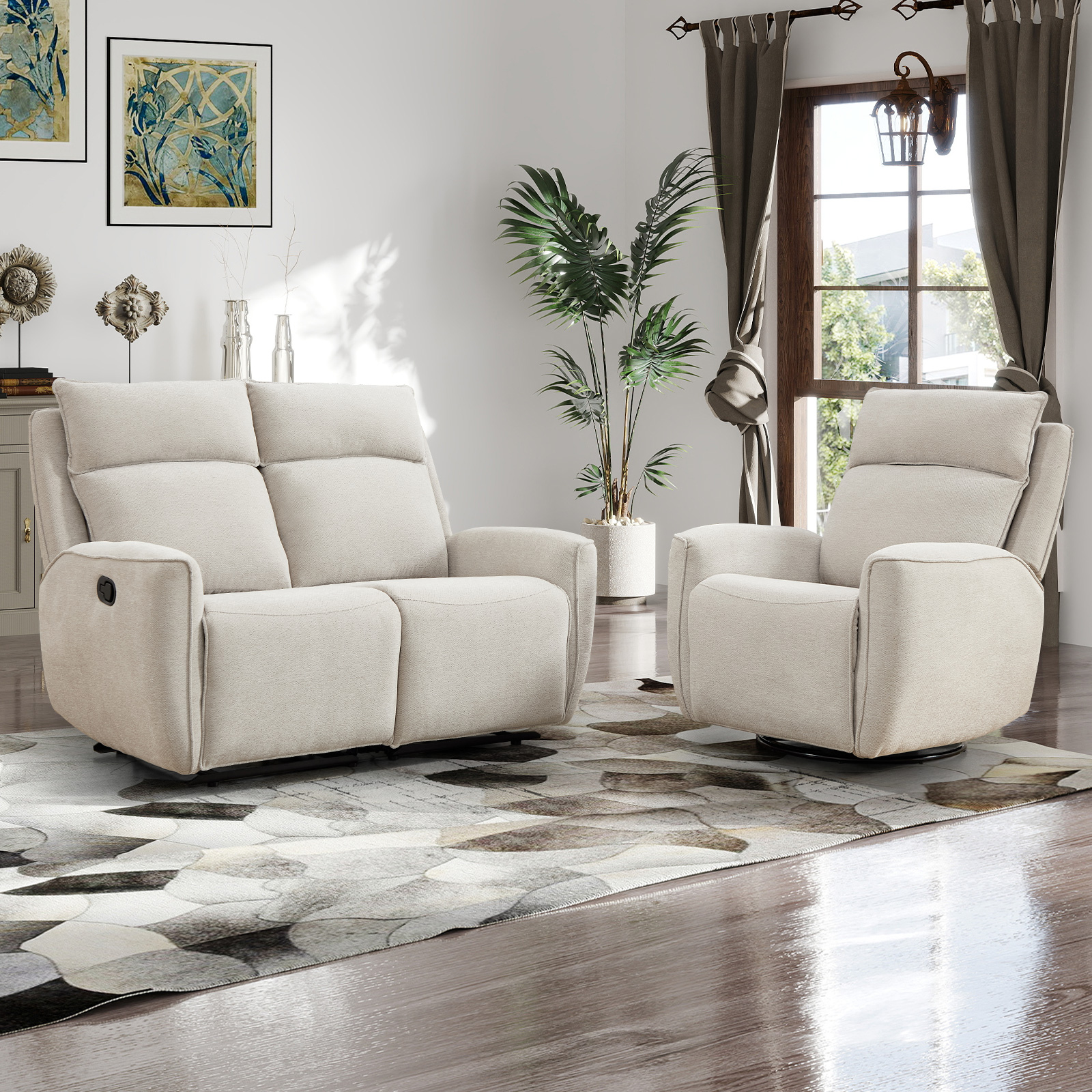 Bonzy Home Fabric Manual Recliner Sofa Set — Single Recliner & Loveseat with Center Console, Hidden Storage & Cup Holders