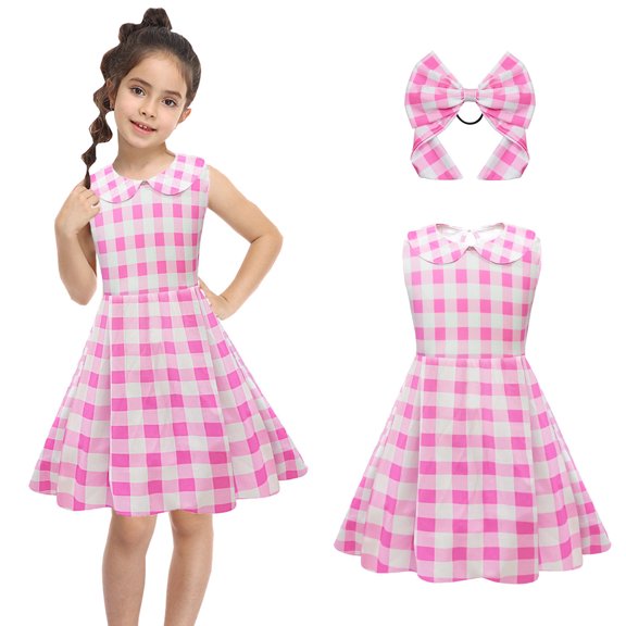 YWDJ Flower Girl Dress for Weddings Toddler Kids Baby Girls Fashion Cute Sleeveless Doll Collar Lattice Print Dress Princess Dress Bow Hair Accessories Suit Pink 2-3T