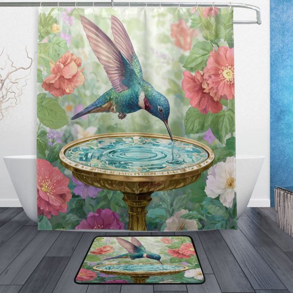 TTYFWHD 60" x 72" Shower Curtain and Bath Mat Set The Graceful Hummingbird Waterproof Bathroom Curtain with 12 Hooks, Bathroom Decor Set