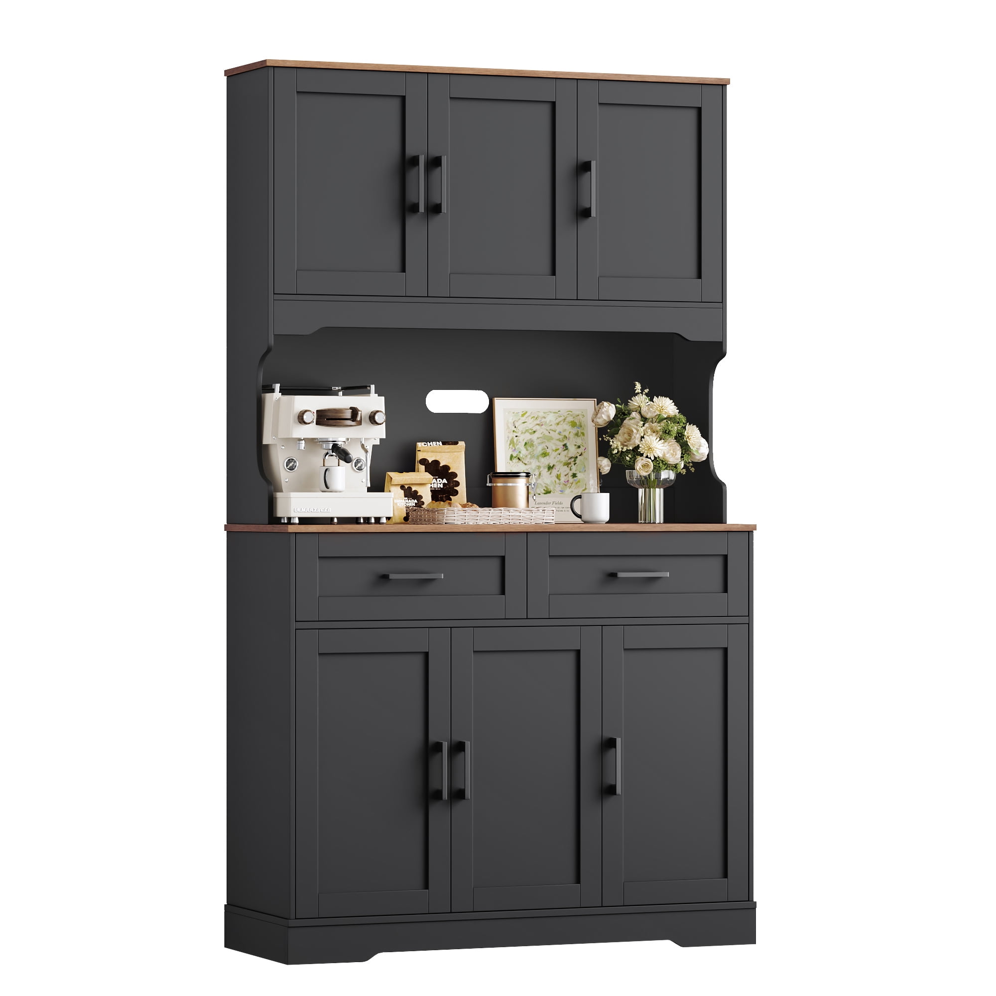 Homfa 74"H Pantry Cabinet with Hutch, Tall Kitchen Storage Cabinet with Microwave Stand and Drawers for Living Room, Dining Room, Black