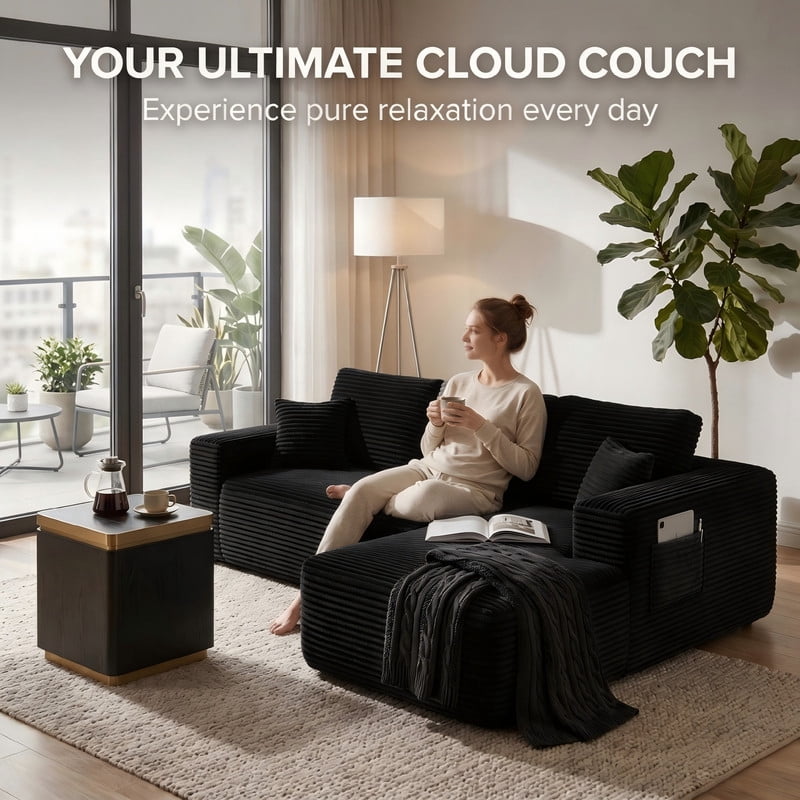 104" Cloud Sectional Couch, Boneless Sofa for Living Room, Modular Sectional Sofa with Deep Seat, Comfy Fluffy Couch with L-Shaped Chaise, No Assembly Required (Right-Facing Chaise, Black)