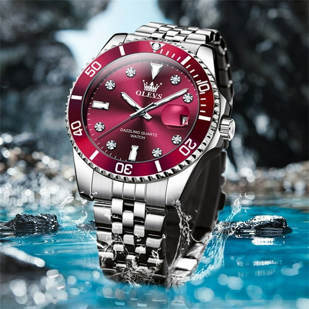 OLEVS Watch for Men Stainless Steel Business Dress Luxury Diamond Big Face Waterproof Mens Watches with Date Analog Wrist Men Watch Reloj para Hombre Red Dial Walmart Business Supplies