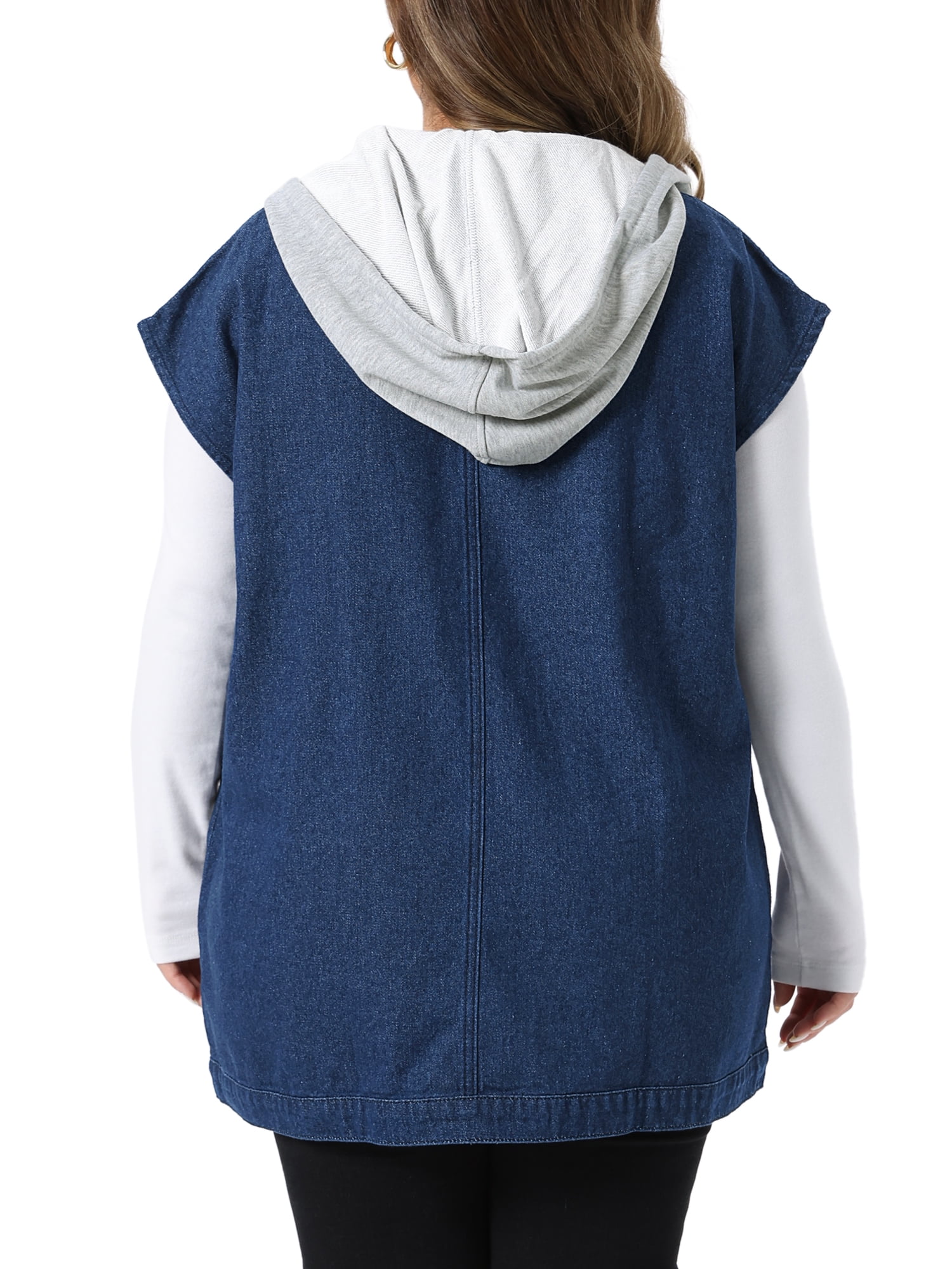 DARING DIVA Women's Plus Drawstring Hood Casual Denim Vest 2X Dark Blue
