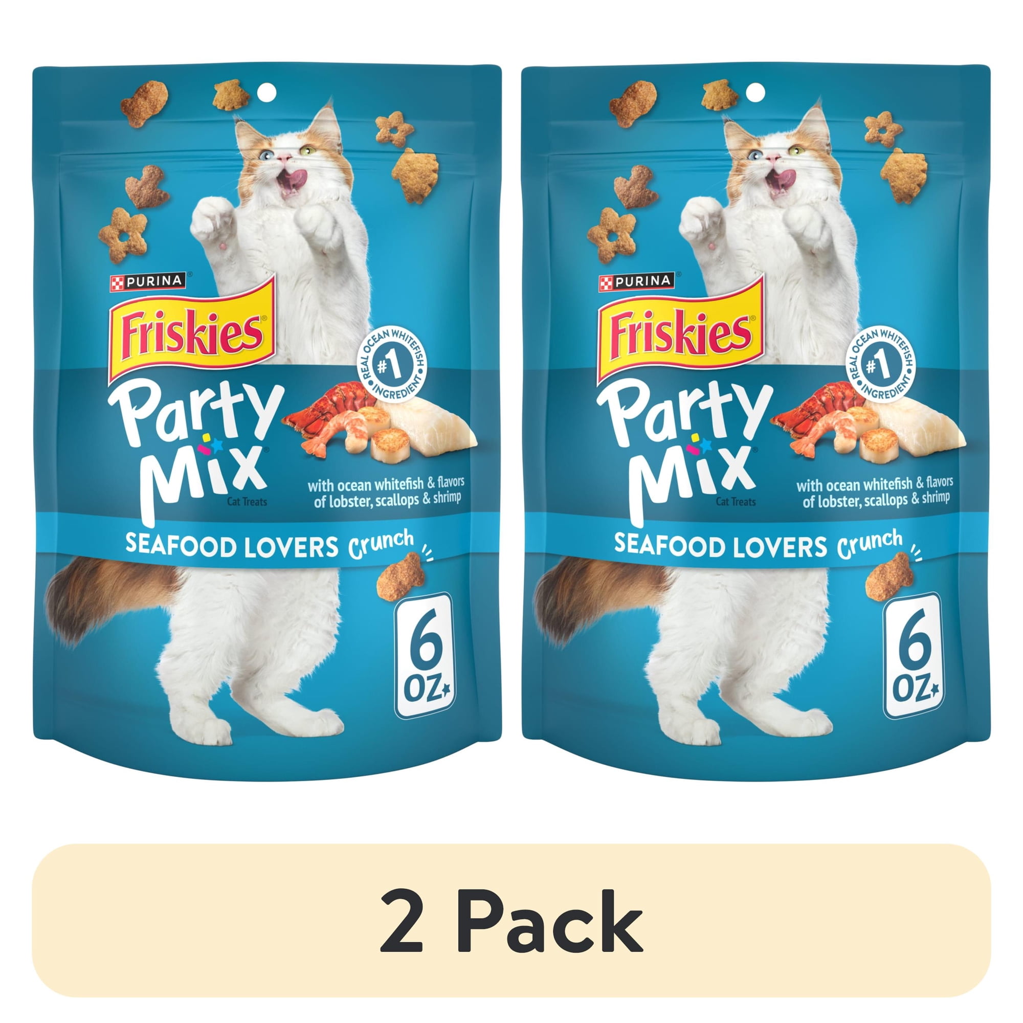 (2 pack) Purina Friskies Party Mix Seafood Lovers Crunch, Cat Treats, Scallop, Lobster, & Shrimp, 6 oz Bag, 6 Pack