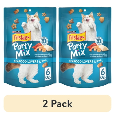 (2 pack) Purina Friskies Party Mix Seafood Lovers Crunch, Cat Treats, Scallop, Lobster, & Shrimp, 6 oz Bag