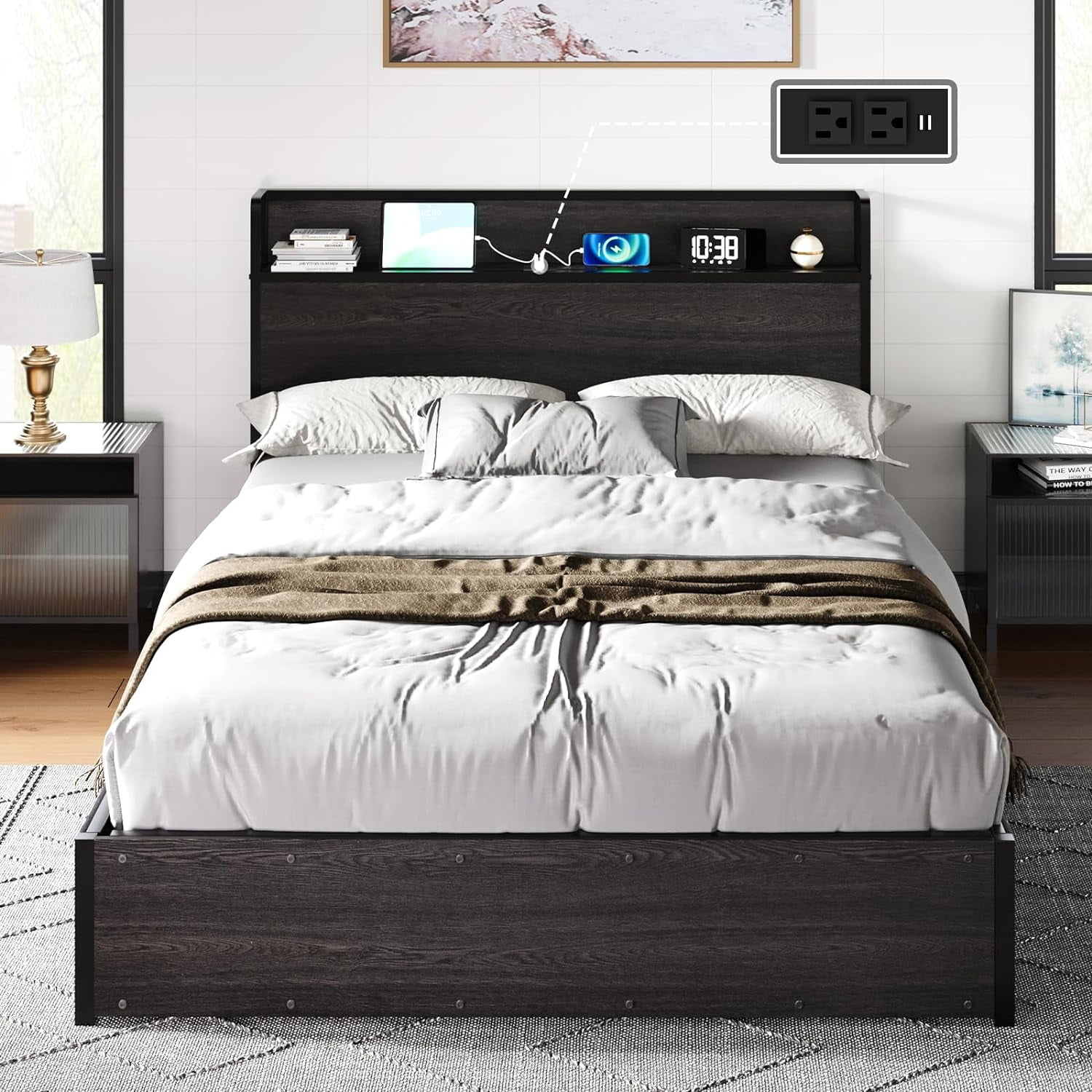 VanAcc Full Size Lift up Storage Bed Frame, Wooden Platform Bed Frame with Lifting Storage & Charging Station, No Spring Box Needed/Noise Free, Black