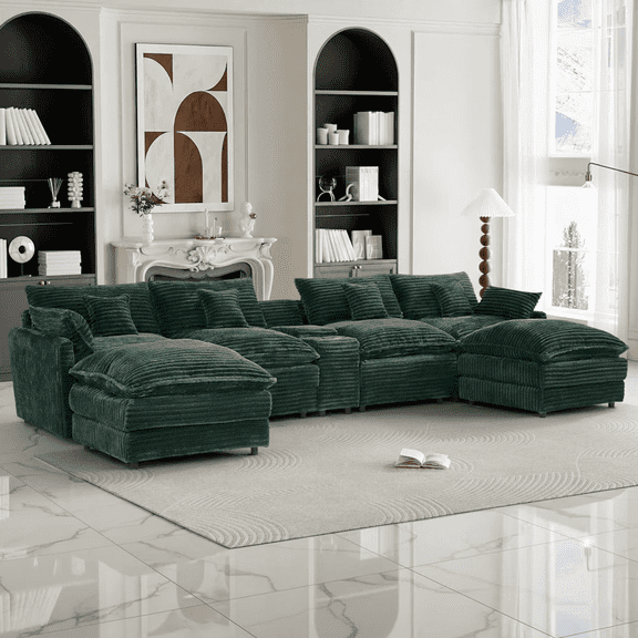 Howcool 145" U Shaped Cloud Couch Modular Sectional Couches for Living Room,Comfy Fluffy Corduroy Oversized Cloud Sectional Couch Large 6 Seat Sectionals Sofa Set Central Console USB Port,Green