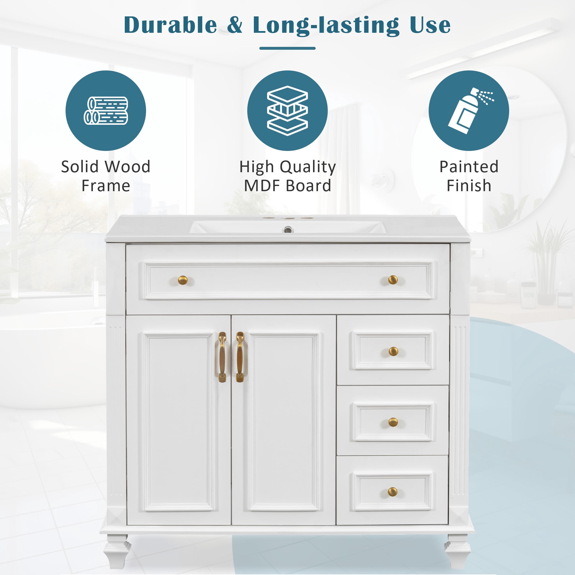 PORKISS 36" Bathroom Vanity with Ceramic Sink, Freestanding Bathroom Storage Cabinet with Flip-Out Drawer, 3 Drawers and 2 Doors, Wood Bathroom Vanity Cabinet with Gold Hardware, White