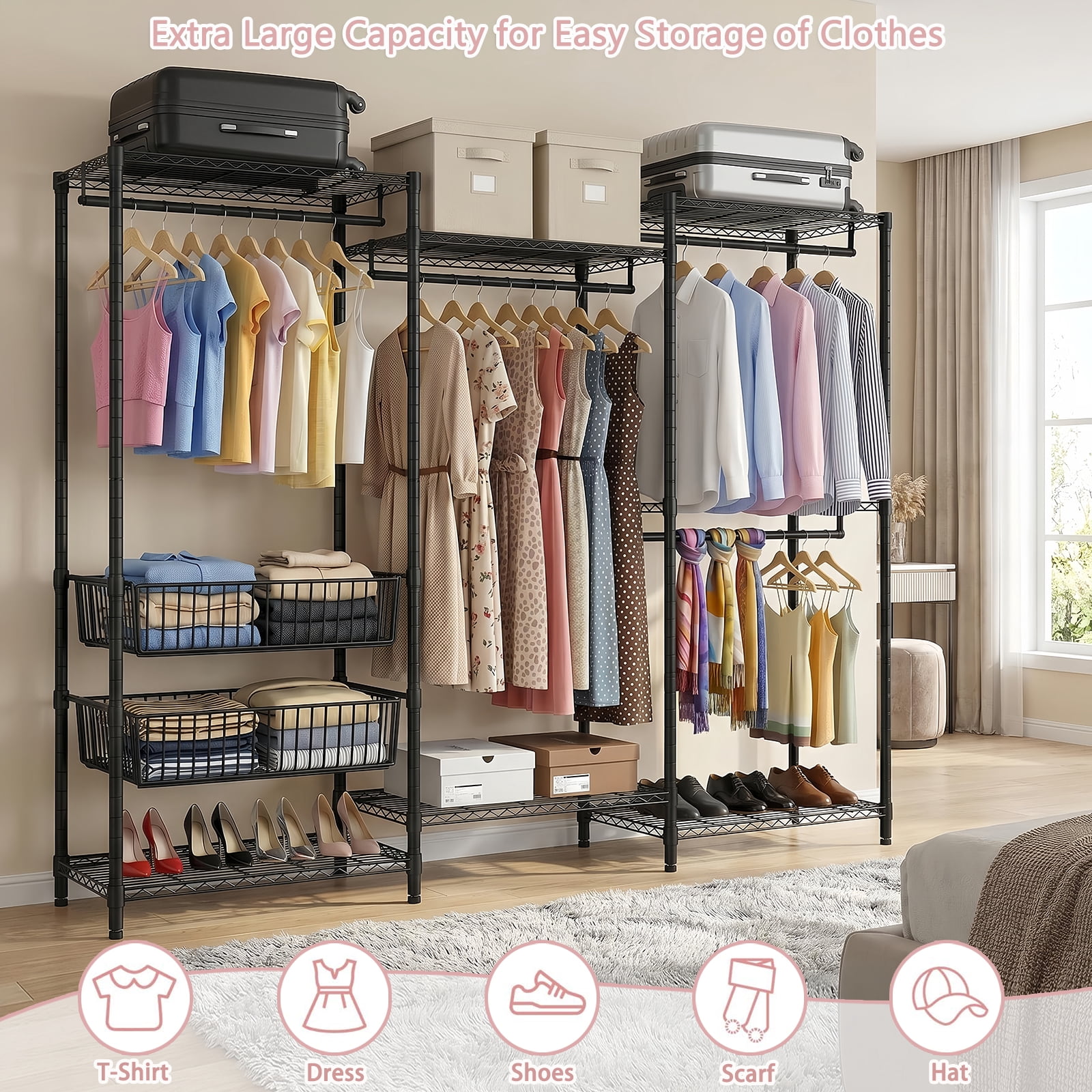 Heavy Duty Clothes Rack with 4 Hanging Rods and 2 Wire Baskets, Freestanding Garment Rack with Adjustable Shelves for Closet and Bedroom, Black