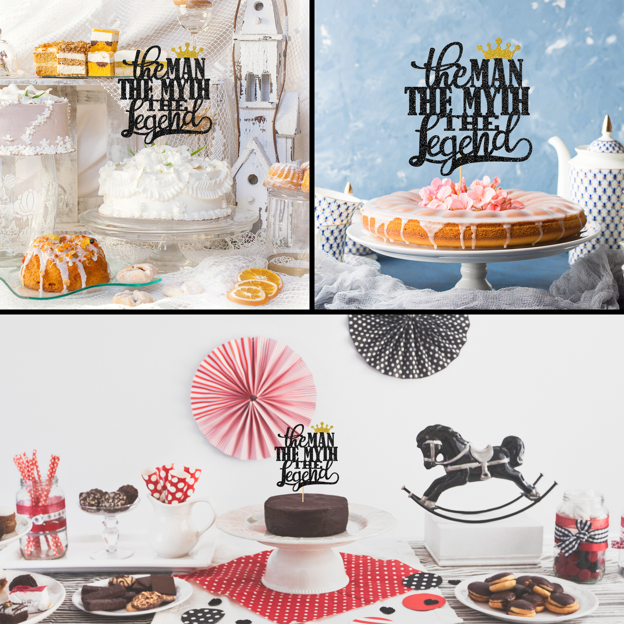 Cupcake-Topper 'The Man The Myth The Legend' – 24 Stück, Schwarz-Gold Glitzer | Für Vatertag & Geburtstag