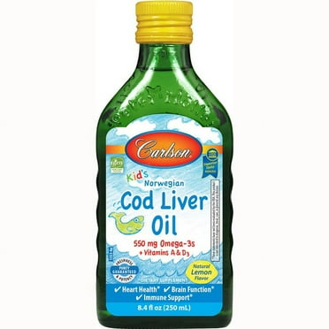 Carlson Kid's Norwegian Cod Liver Oil   Vitamin A & D3 Liquid, 550 mg Omega-3, Lemon, 8.4 Fl Oz.