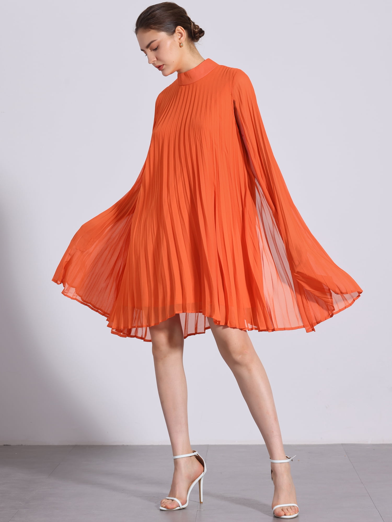 DARING DIVA Flowy Cloak Sleeve Cape Pleated Chiffon Dress M Orange