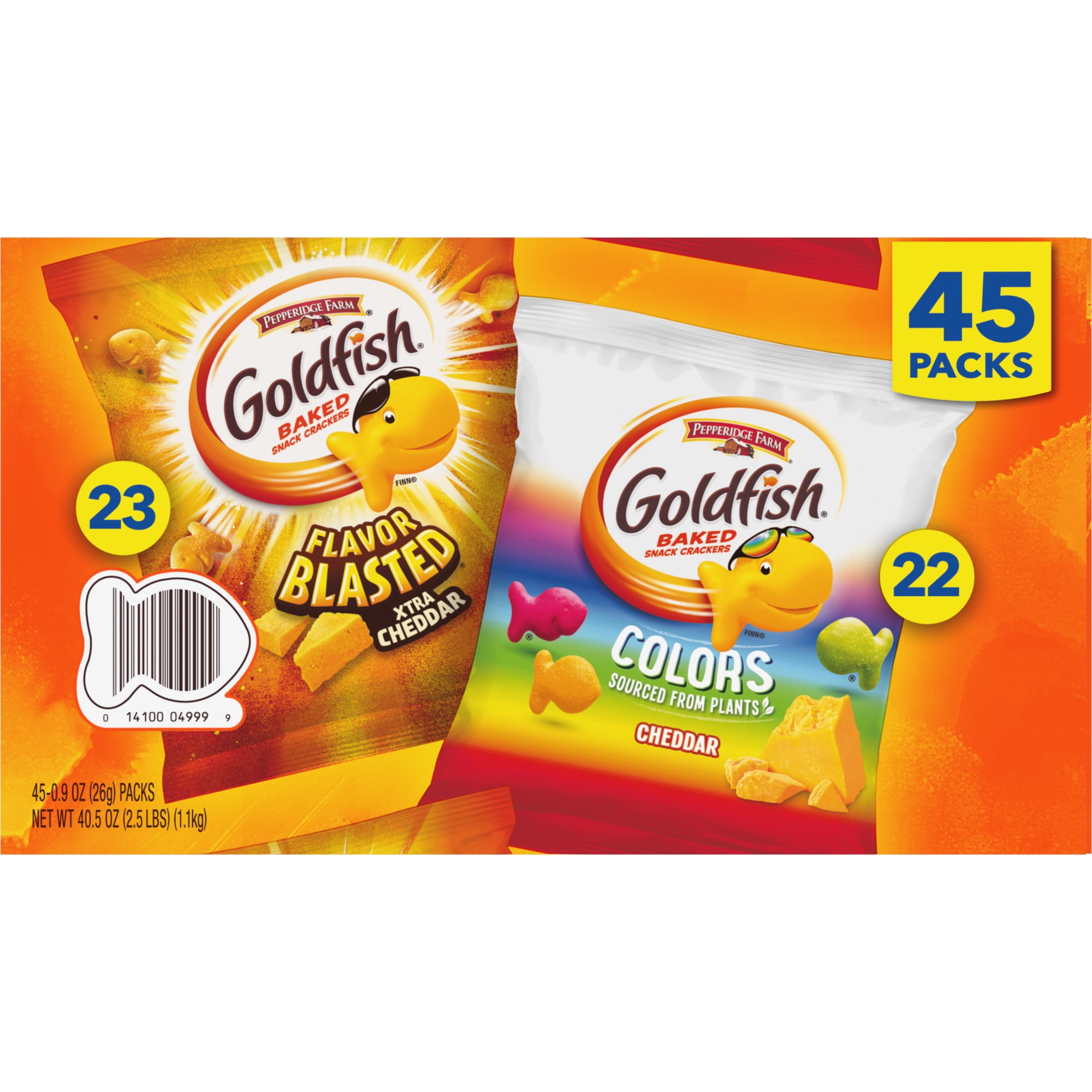 Goldfish Crackers, Cheddar Colors and Flavor Blasted Xtra Cheddar Crackers, 45 Ct Variety Pack