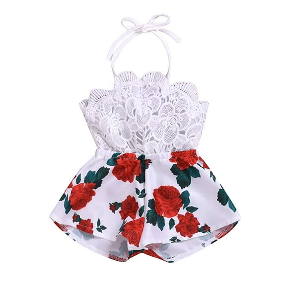 Douhoow 0-3Y Baby Girl Romper Infant Sleeveless Belt Lace Flowers Print Short Jumpsuit Sunsuit