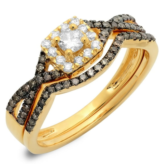 Dazzlingrock Collection 0.60 Carat (ctw) 14K Champagne & White Diamond Split Shank Halo Bridal Ring Set, Yellow Gold, Size 6.5