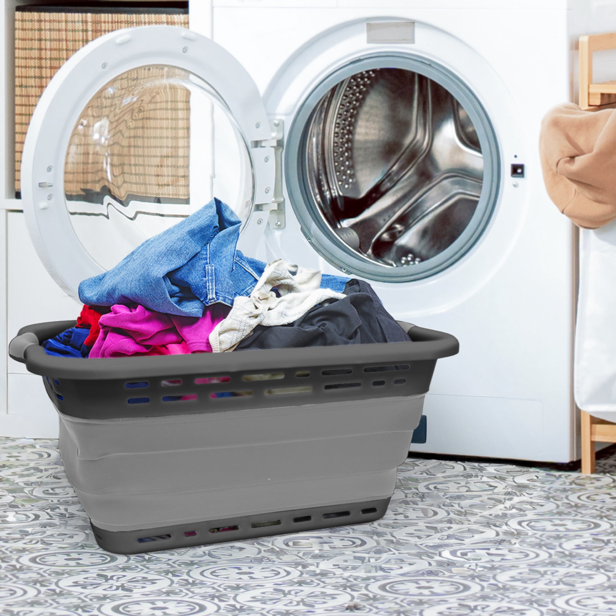 BLACK + DECKER Collapsible Laundry Basket with Handles, Space-Saving Design, Dark Gray