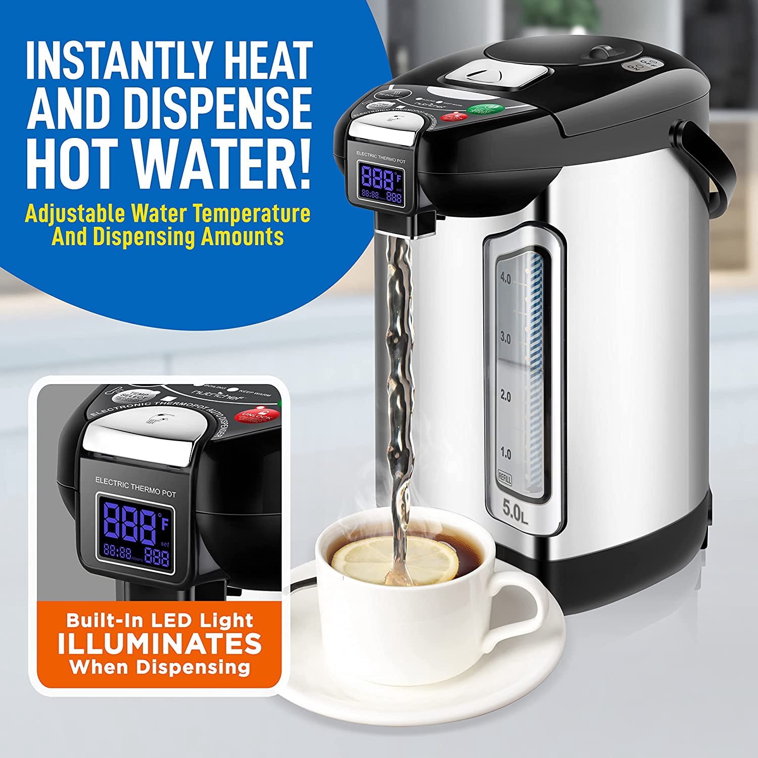 Nutrichef Digital Water Boiler and Warmer stainless Electric Hot Water Dispenser