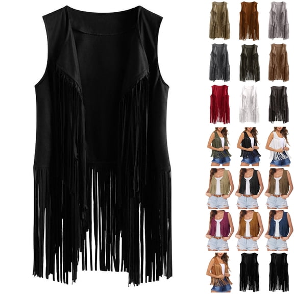 Dezsed Women Tassel Vest Women 70s Hippie Faux Suede Rivets Sleeveless Fringe Jacket Tassels Fringed Vest Cardigan Black L