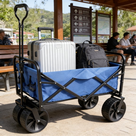 GDF Studio Folding Wagon Cart with Heavy Duty Steel Frame, Garden Shopping Beach, Space Saving Design, Blue