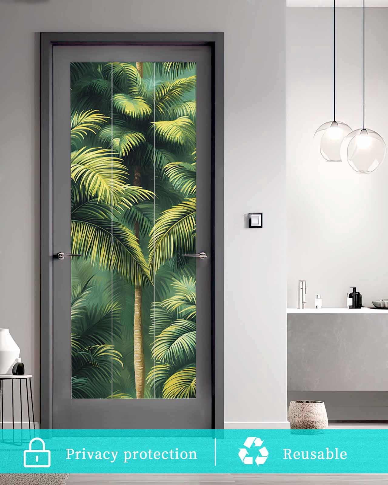 Window Privacy Film Summer Palm Tree Stained Glass Window Film Decorative Sun Block Window Cover Nature Green Tropical Plant Leaves Window Clings Static Adhesive Sticker for Bathroom 23.6"x59"