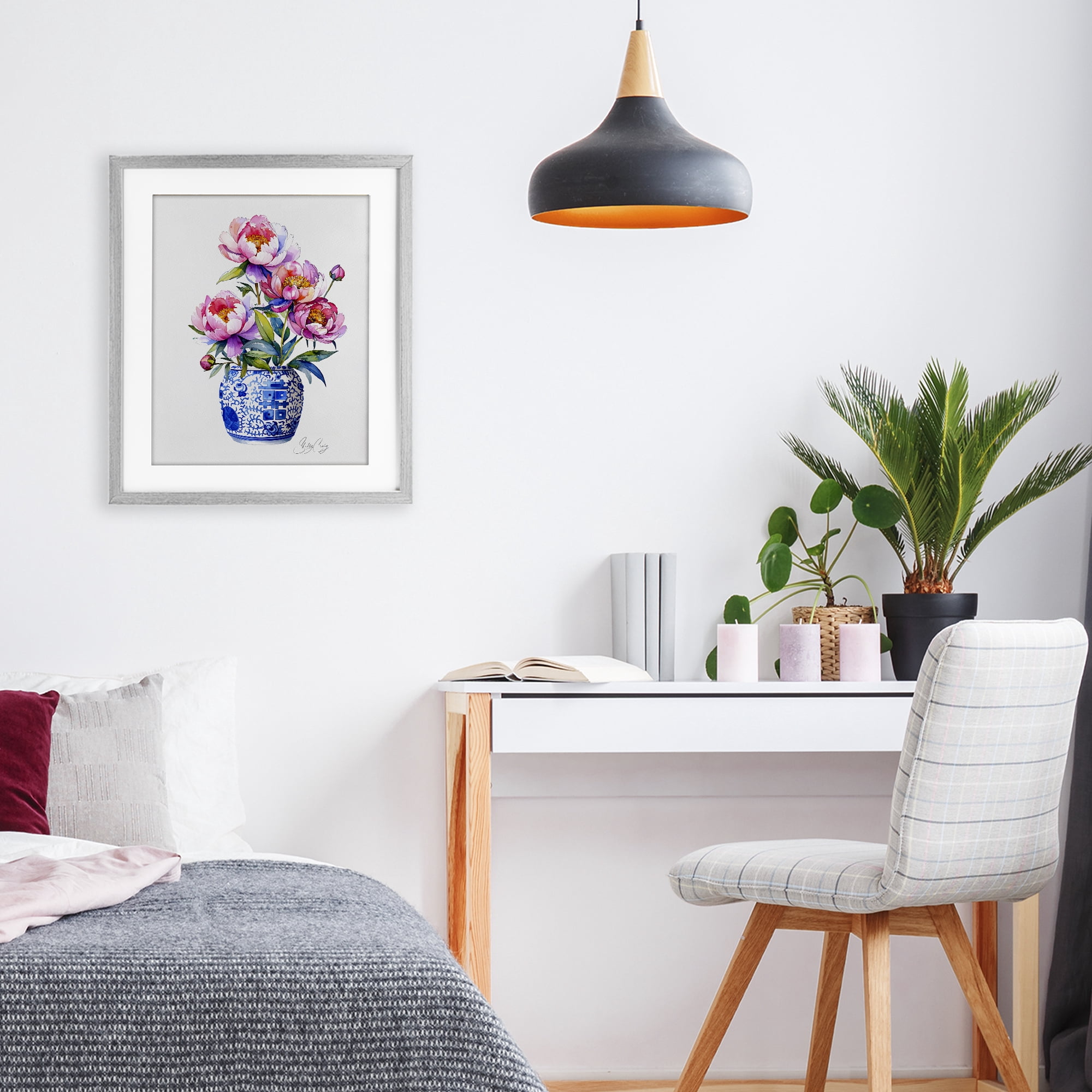 Stupell Industries Blue Dynasty Blooms Gray Framed Print Under Glass, design by Shelly Craig