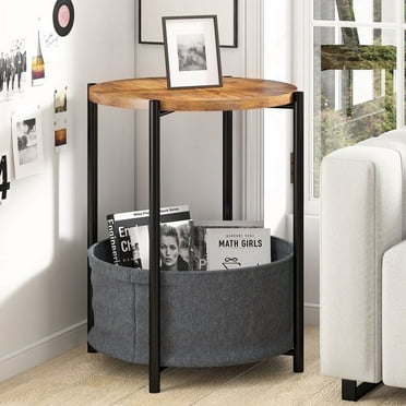 Funcid End Table, 24.5" Round Side Table for Living Room, Bedside Nightstand with Fabric Storage Basket, Wooden Accent Table with Metal Frame, Small Coffee Table