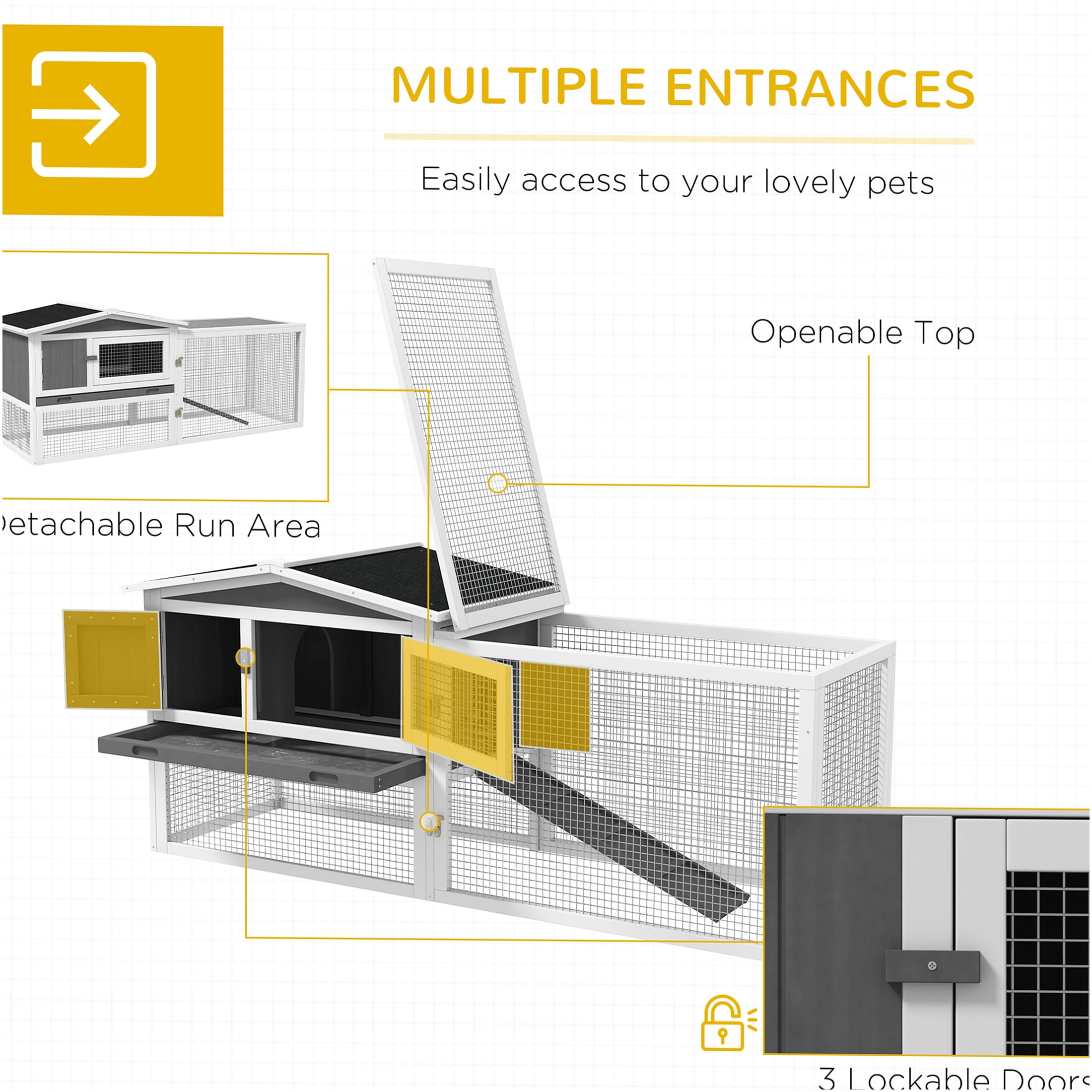 JERFIT 2-Story Outdoor Rabbit Hutch with Waterproof Asphalt Roof, Detachable Run & Slide-Out Tray, Large Wooden Bunny Cage House for Indoor Outdoor Use, Light Gray