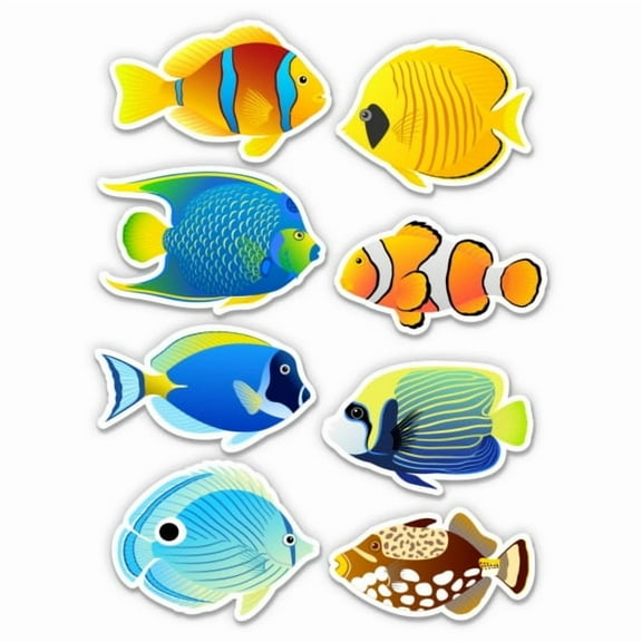 Tropical Coral Reef Fish Set of 8 - 2" Each Vinyl Stickers - For Car Laptop Water Bottle Phone - Waterproof Decals