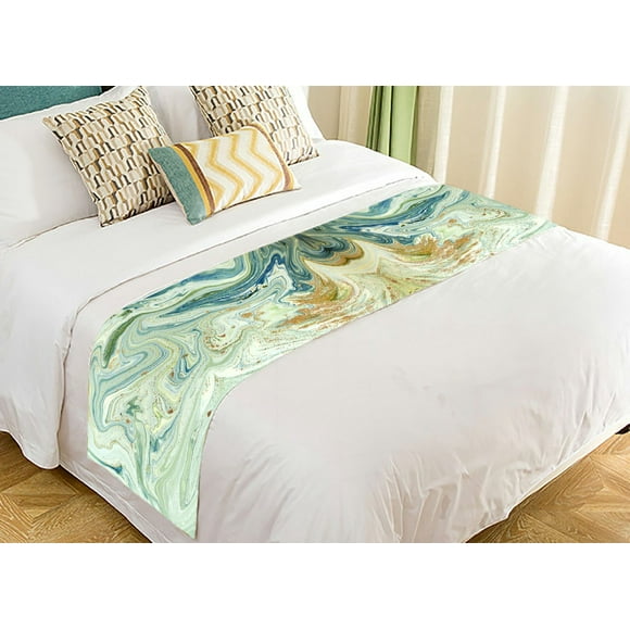 HATIART Marbled Blue Green And Golden Liquid Marble Pattern Bed Runner Bedding Scarf Bed Decoration 20x95 inch