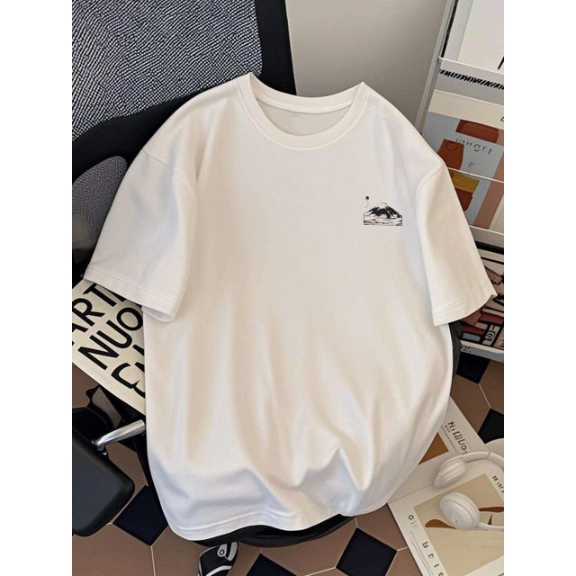 Men's T-Shirt - Japanese Mountain & Cherry Blossom Print, Y2K Streetwear Style, Breathable Cotton, Loose Fit Short Sleeve Round Neck Summer Casual Tee, Breathable Top | Graphic Tshirt, Summer Gifts