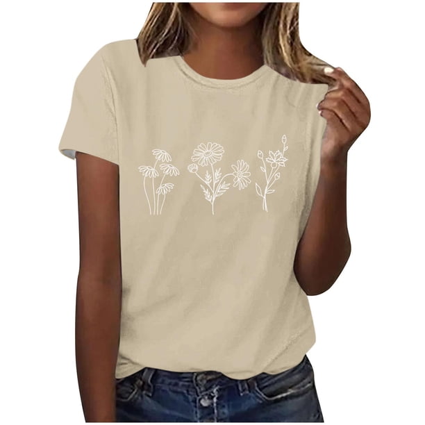 Tops de Ajuste Suelto para las Mujeres Sudadera Casual Impresa Manga Corta Cuello Redondo Superior, Poliéster