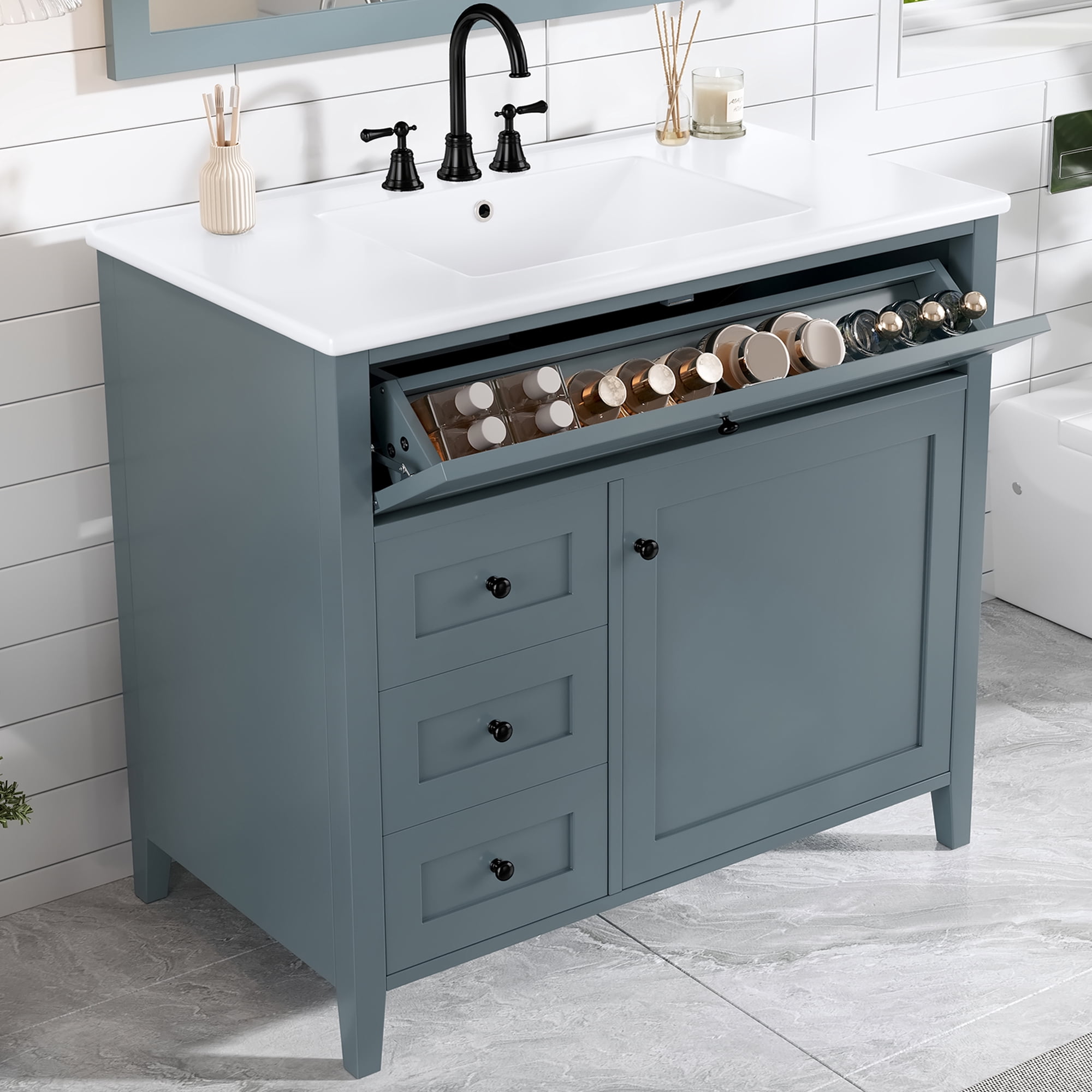Euroco 36-Inch Blue Gray Bathroom Vanity with Sink, Modern MDF and Rubberwood Cabinet with 3 Drawers and Adjustable Shelf, Freestanding Vanity for Bathroom Storage and Organization