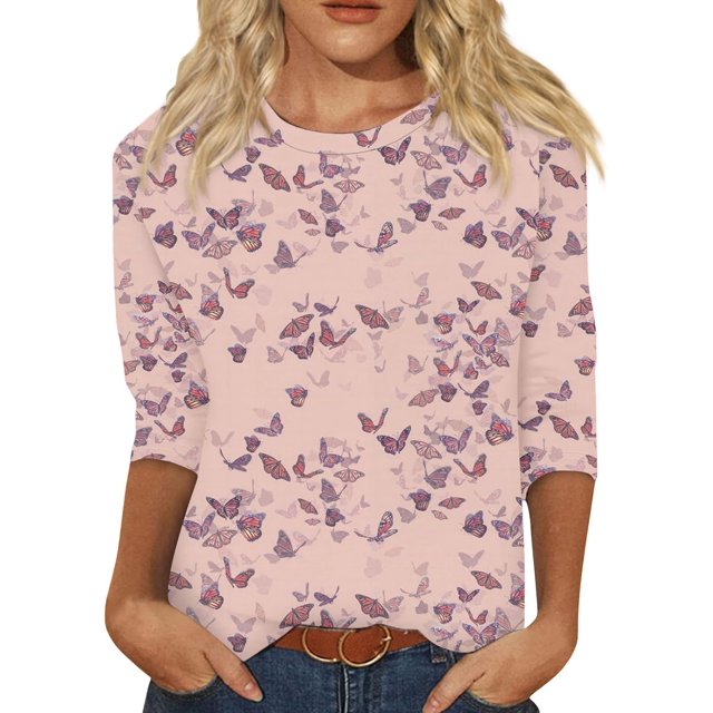 Hauts pour Femmes Décontractés Élégants Manches 3/4 Blouses Imprimées Mode Col Rond Pull T-shirt Basique d'Été pour Dames Filles