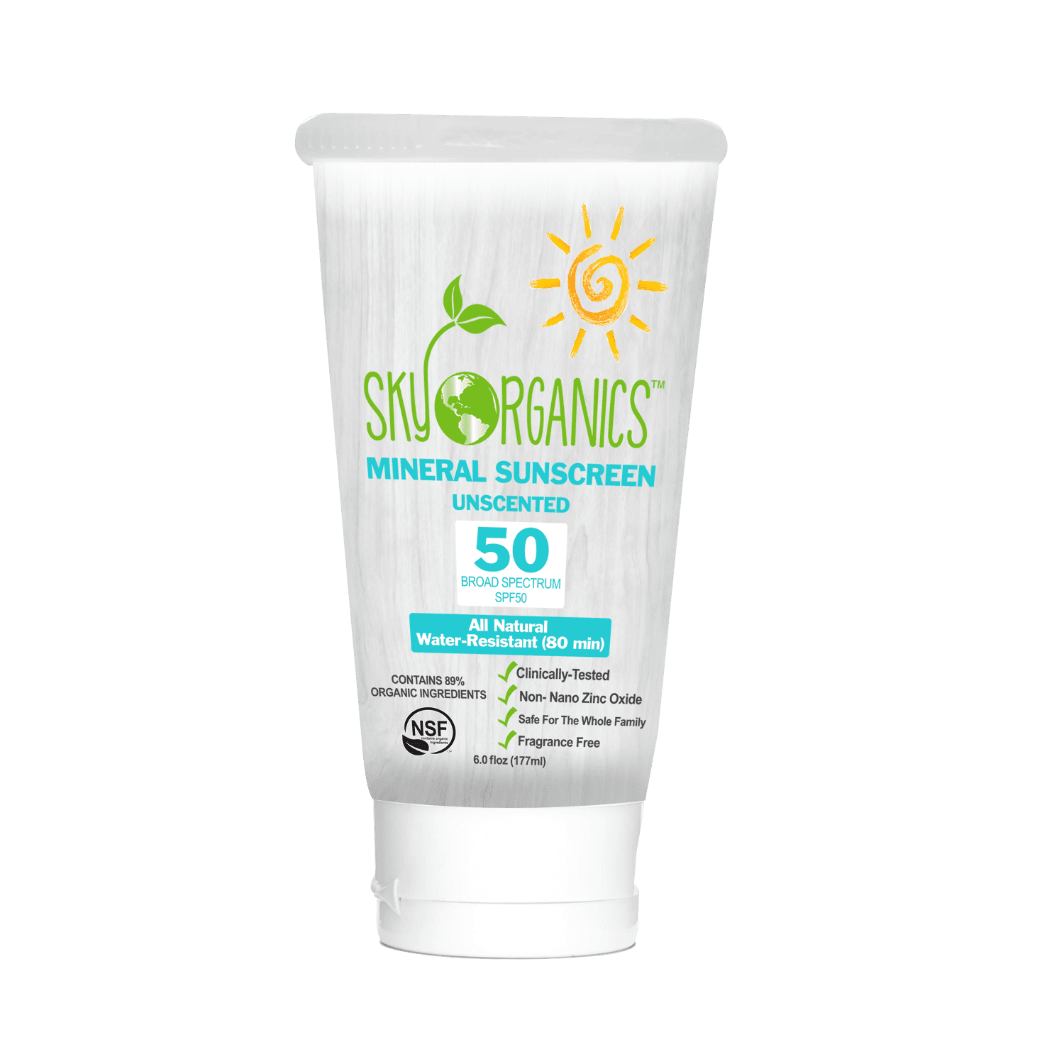SPF50 Organic Sunscreen by Sky Organics Unscented NonNano Zinc Oxide
