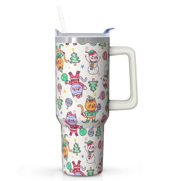 Xmas Holiday 40oz Stainless Steel Coffee Cup with Handle and Straw Lid, Leak Proof Insulated Christmas Tumbler, Winter Gift Mug for Adults
