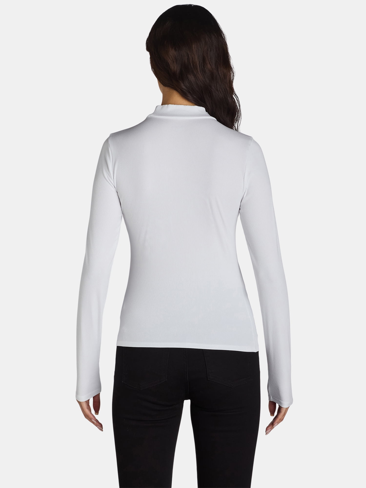 No Boundaries Ribbed Mock Neck Top with Long Sleeves, Women’s and Women’s Plus